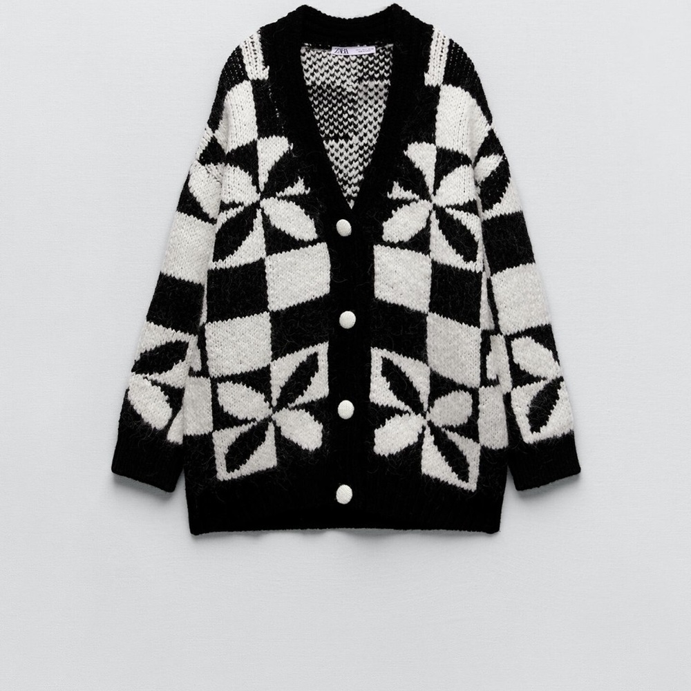 ZARA CHECKERED KNIT JACQUARD CARDIGAN